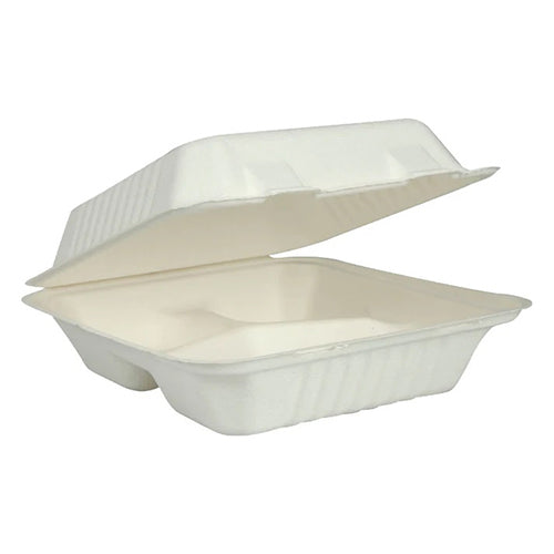 Burger Box Bagasse 3 Compartment 9 inch Pack of 50 | Disposable Biodegradable Clamshell Food Container