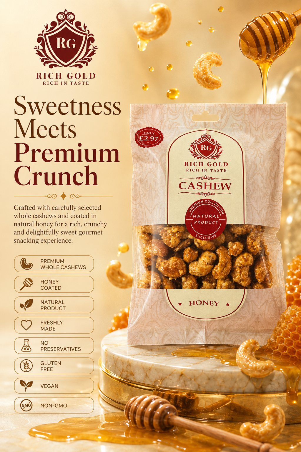 Rich Gold Premium Honey Cashews – Sweet, Crunchy & Naturally Delicious 180G