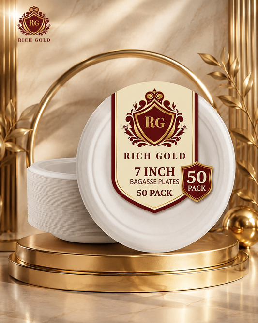 Bagasse Plates round (7 Inch) Pack of 50 | Strong, Disposable & Eco-Friendly Party Plates.