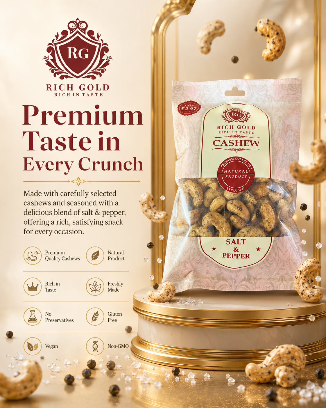 Rich Gold Premium Salt & Pepper Cashews – Naturally Roasted Gourmet Snack 180G