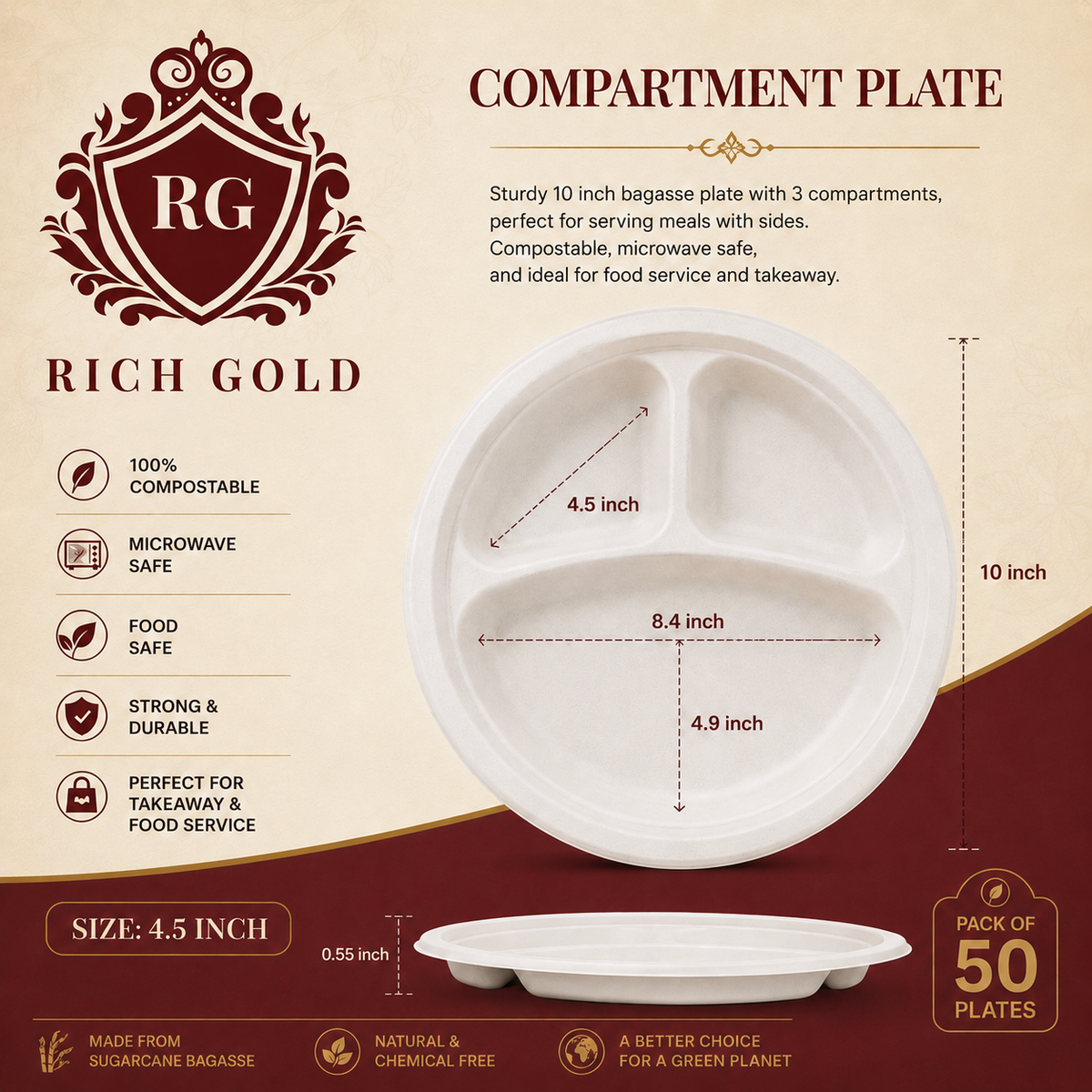 3 Compartment 12 inch Bagasse Tray Round pack of 50 | Eco-Friendly Disposable Food Plate (Copy)