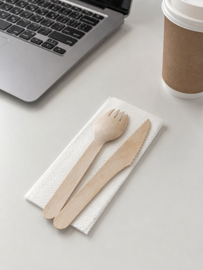 Eco-Friendly Wooden Cutlery Kit (Wooden Knife + Wooden Spork + Paper Napkin) | Individually Wrapped Biodegradable Set Pack of 50