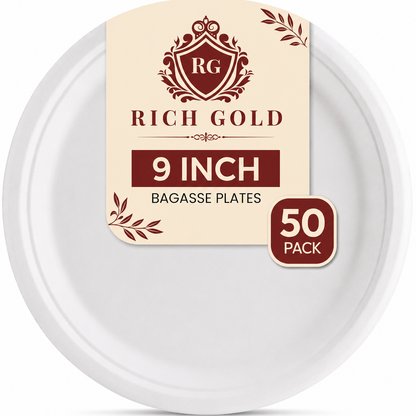 Bagasse Plates (9 Inch) Round pack of 50 – Heavy Duty Disposable Party & Dinner Plates