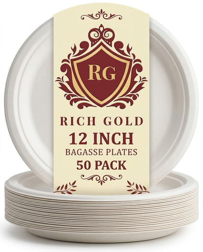 Bagasse Plates (12 Inch) Round Pack of 50 – Heavy Duty Disposable Serving & Dinner Plates