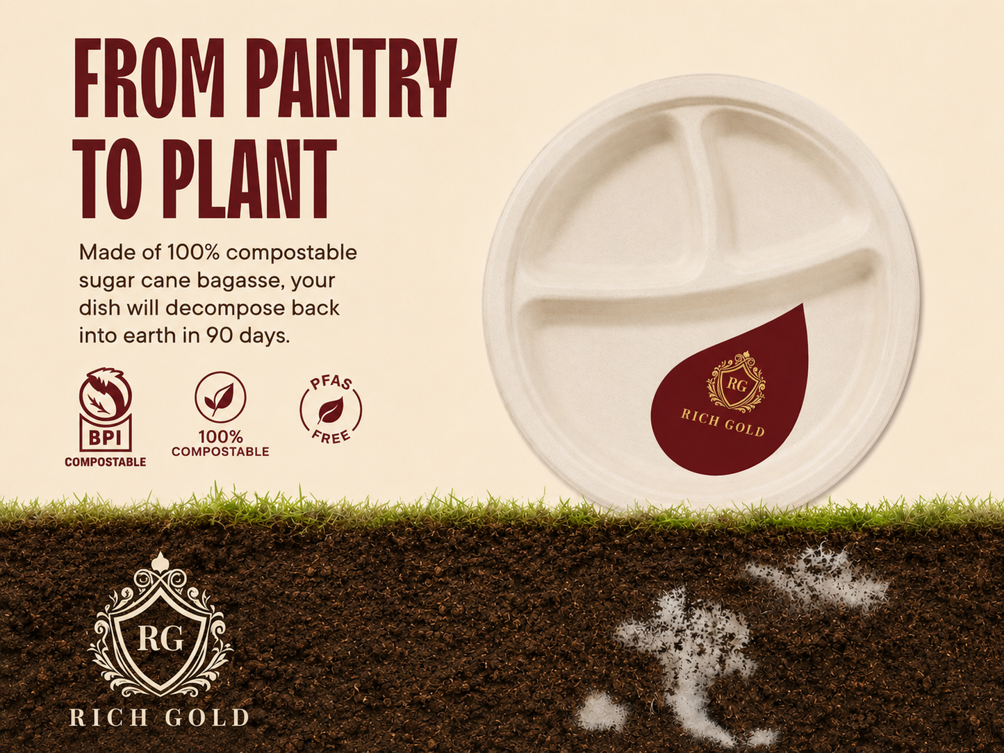 3 Compartment 12 inch Bagasse Tray Round pack of 50 | Eco-Friendly Disposable Food Plate (Copy)