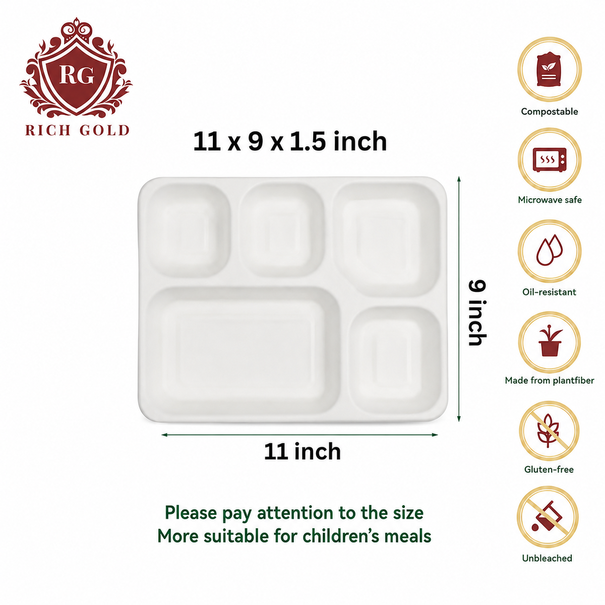 5 Compartment Bagasse Plate Tray of 25 | Eco-Friendly Bagasse Food Tray for Meals & Catering