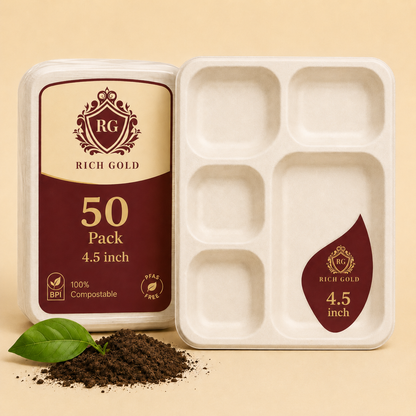 5 Compartment Bagasse Plate Tray of 25 | Eco-Friendly Bagasse Food Tray for Meals & Catering