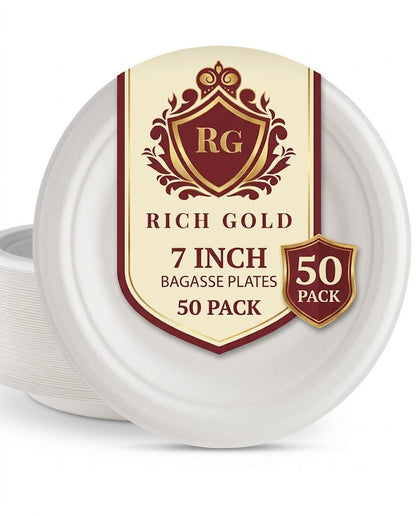 Bagasse Plates round (7 Inch) Pack of 50 | Strong, Disposable & Eco-Friendly Party Plates.