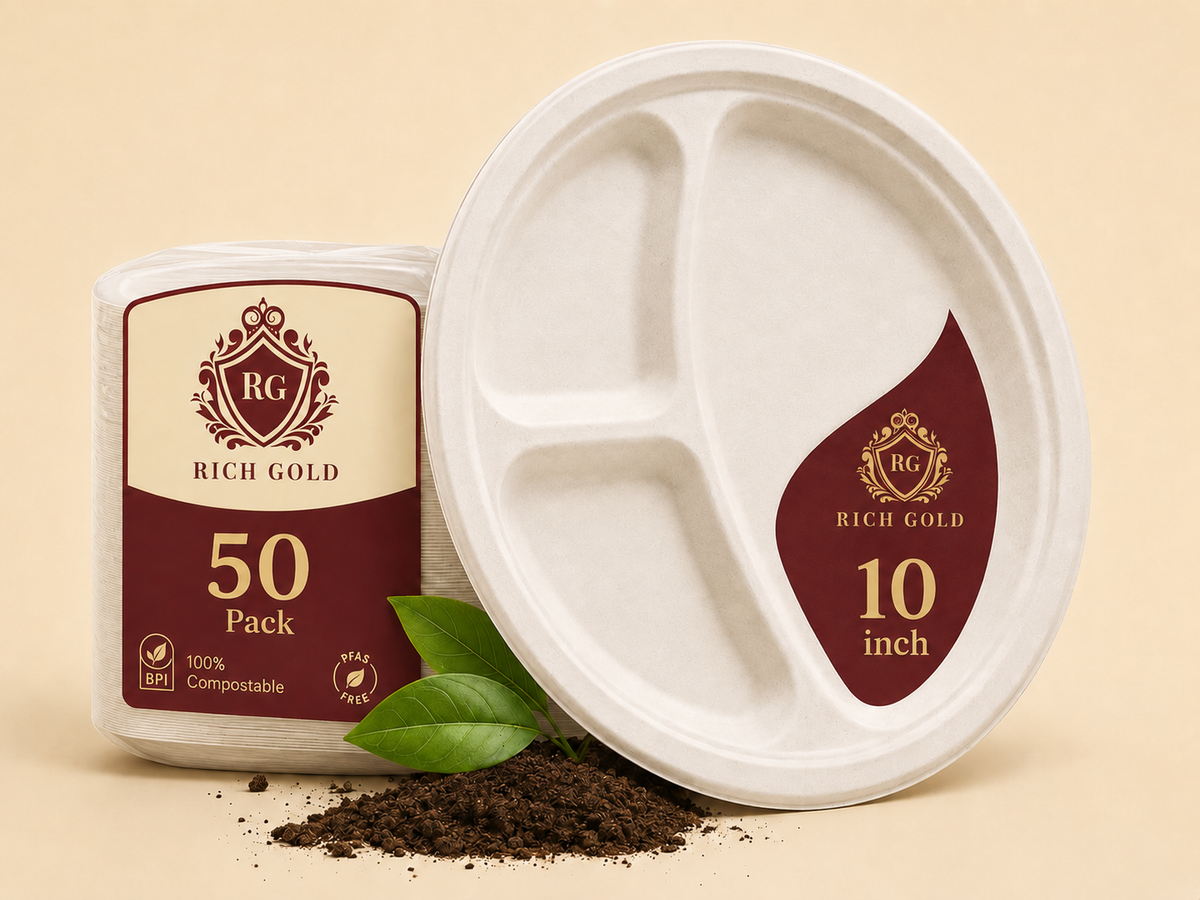 3 Compartment 12 inch Bagasse Tray Round pack of 50 | Eco-Friendly Disposable Food Plate (Copy)