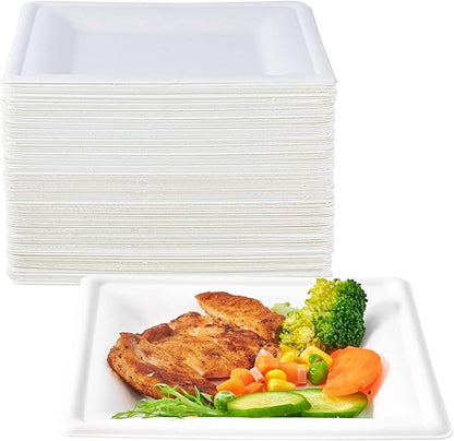 8 Inch Baggase Plates Square Pack of 50 – Heavy Duty Eco-Friendly White Serving Plate | Single-Use Food Plate