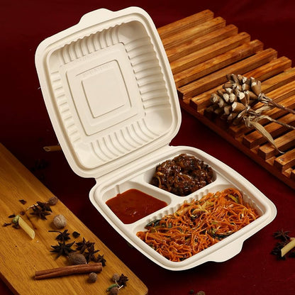 Burger Box Bagasse 3 Compartment 9 inch Pack of 50 | Disposable Biodegradable Clamshell Food Container