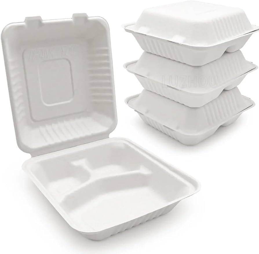 Burger Box Bagasse 3 Compartment 9 inch Pack of 50 | Disposable Biodegradable Clamshell Food Container