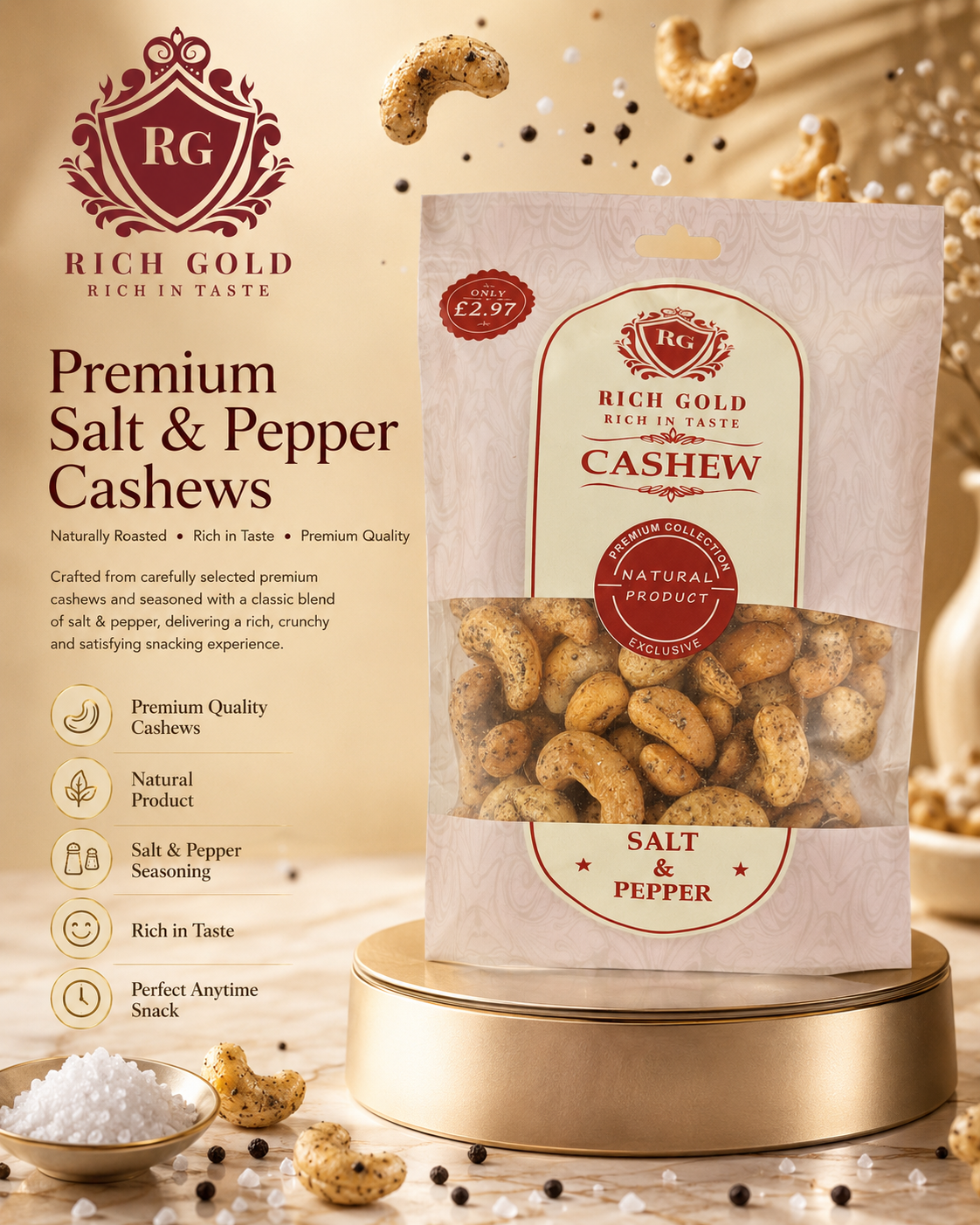Rich Gold Premium Salt & Pepper Cashews – Naturally Roasted Gourmet Snack 180G