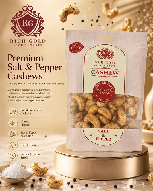 Rich Gold Premium Salt & Pepper Cashews – Naturally Roasted Gourmet Snack 180G