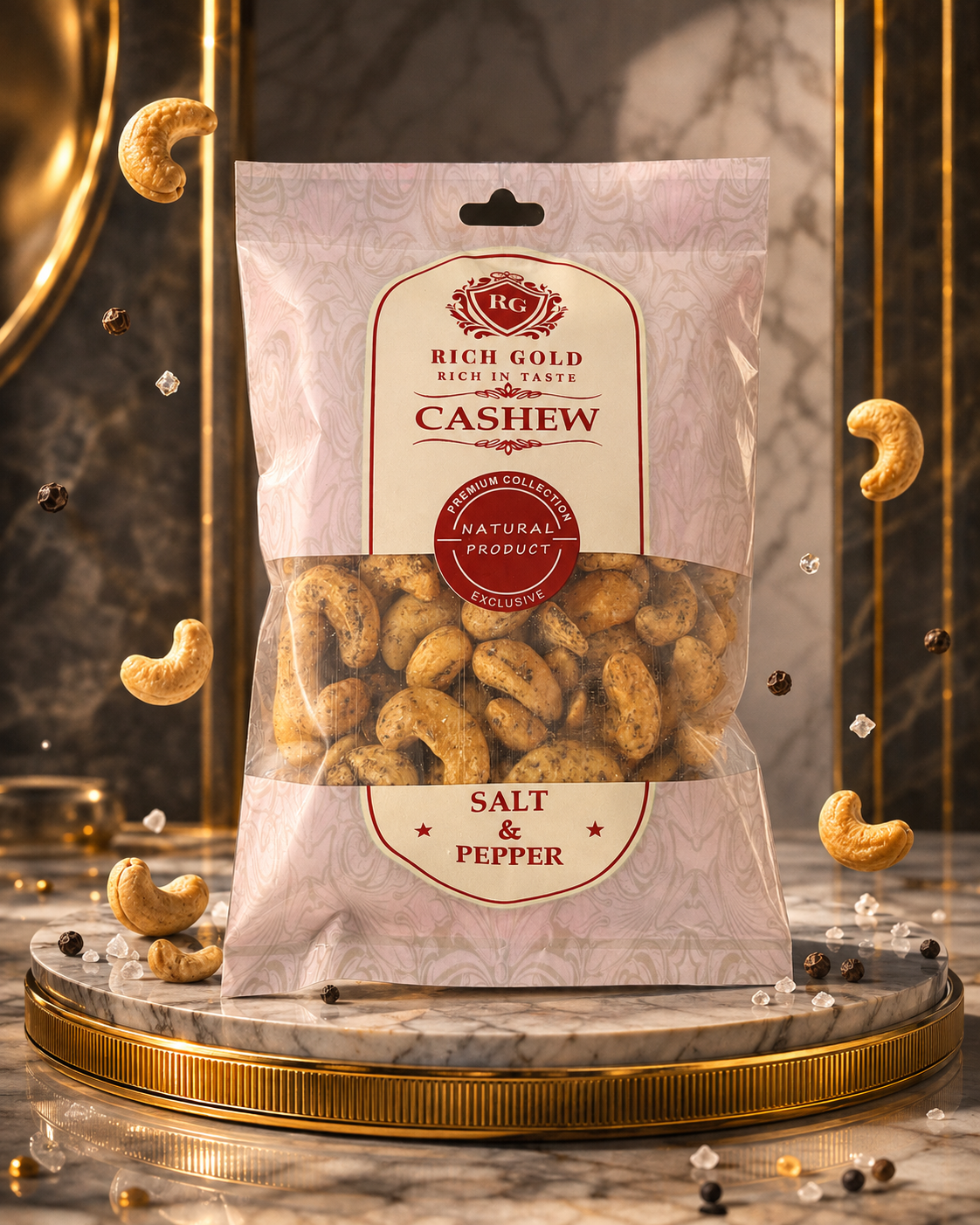 Rich Gold Premium Salt & Pepper Cashews – Naturally Roasted Gourmet Snack 180G