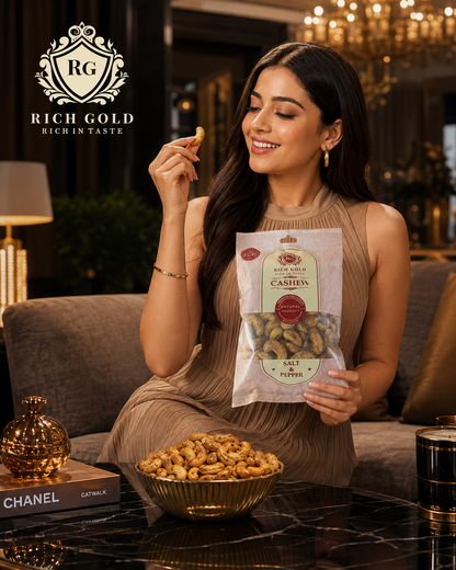Rich Gold Premium Salt & Pepper Cashews – Naturally Roasted Gourmet Snack 180G