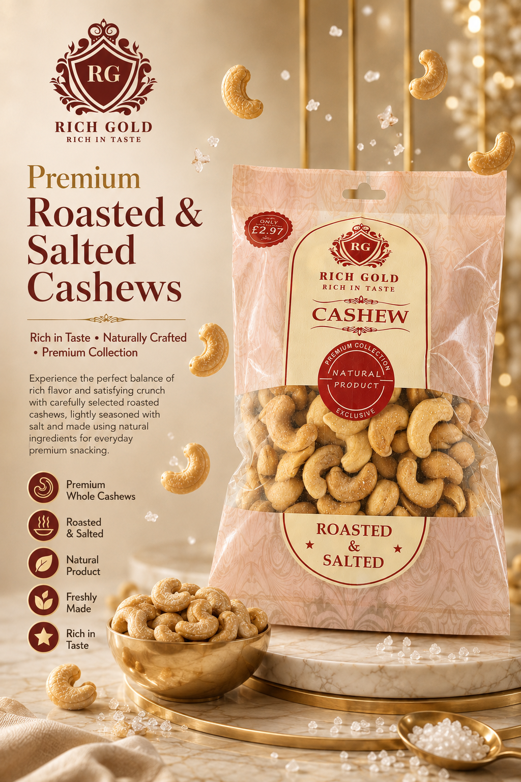 Rich Gold Premium Roasted & Salted Cashews – Crunchy, Naturally Crafted & Rich in Taste 180G