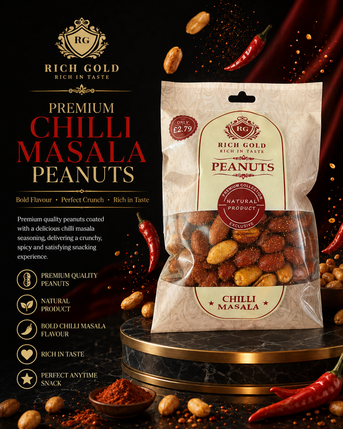 Rich Gold Premium Chilli Masala Peanuts – Bold, Spicy Crunch with Rich Flavour 200G
