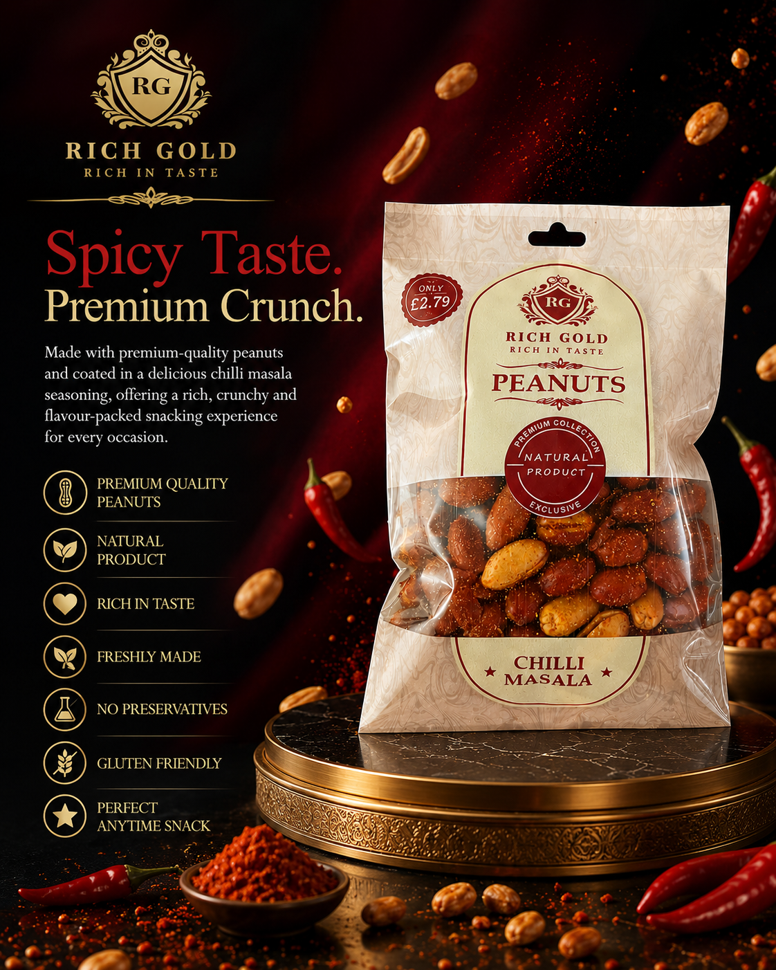 Rich Gold Premium Chilli Masala Peanuts – Bold, Spicy Crunch with Rich Flavour 200G