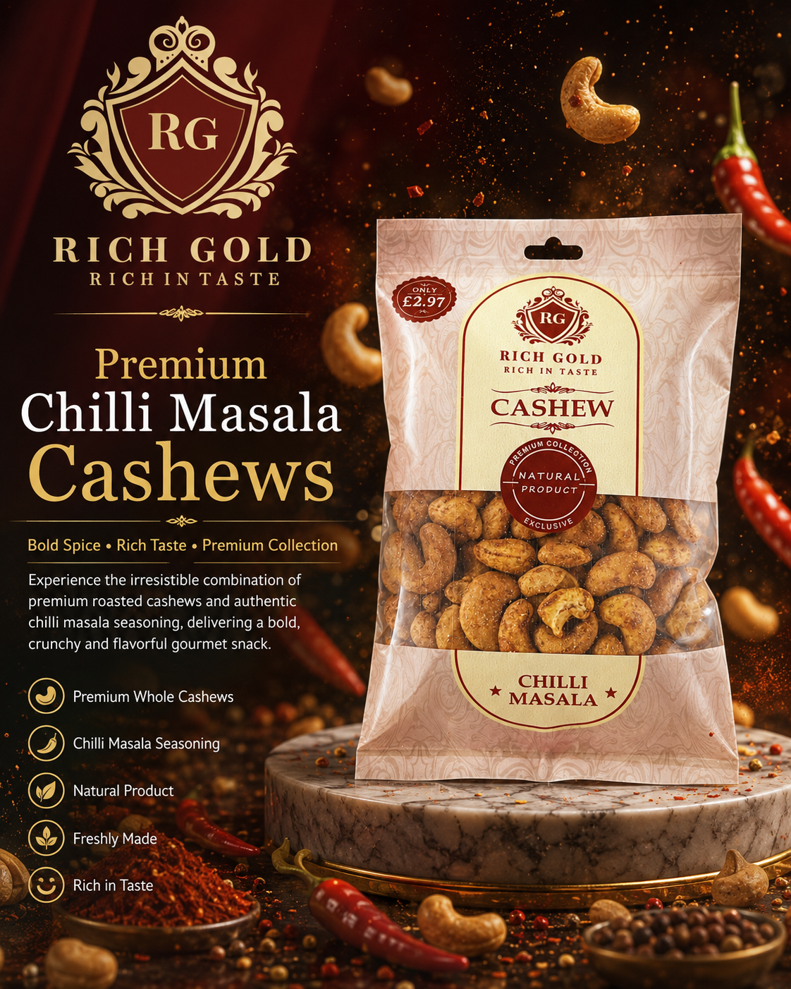 Rich Gold Premium Chilli Masala Cashews – Bold, Spicy & Rich in Taste 200G