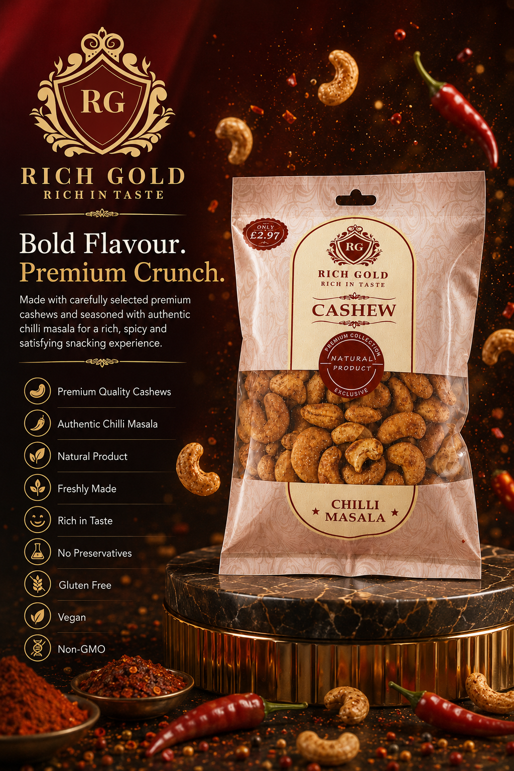 Rich Gold Premium Chilli Masala Cashews – Bold, Spicy & Rich in Taste 200G