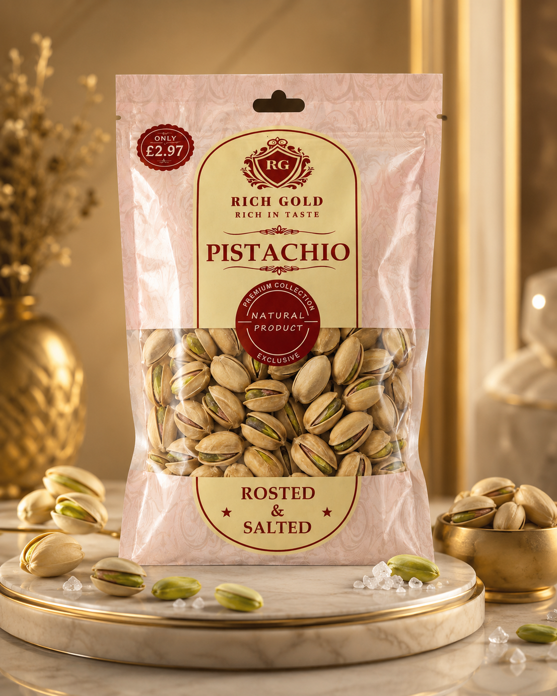 Rich Gold Premium Roasted & Salted Pistachios | Natural Crunch | Rich Taste | Premium Quality Healthy Snack 180G
