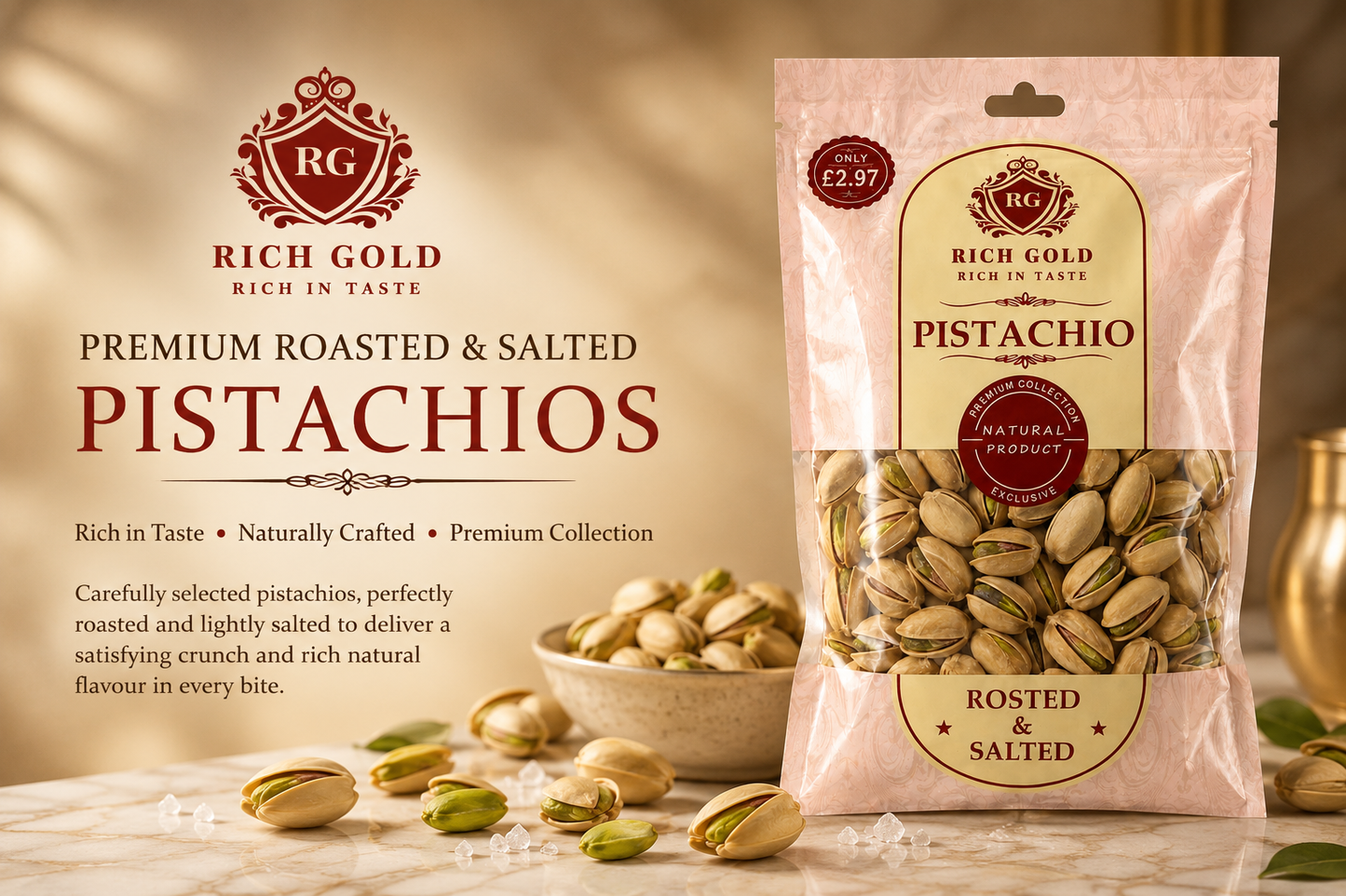 Rich Gold Premium Roasted & Salted Pistachios | Natural Crunch | Rich Taste | Premium Quality Healthy Snack 180G