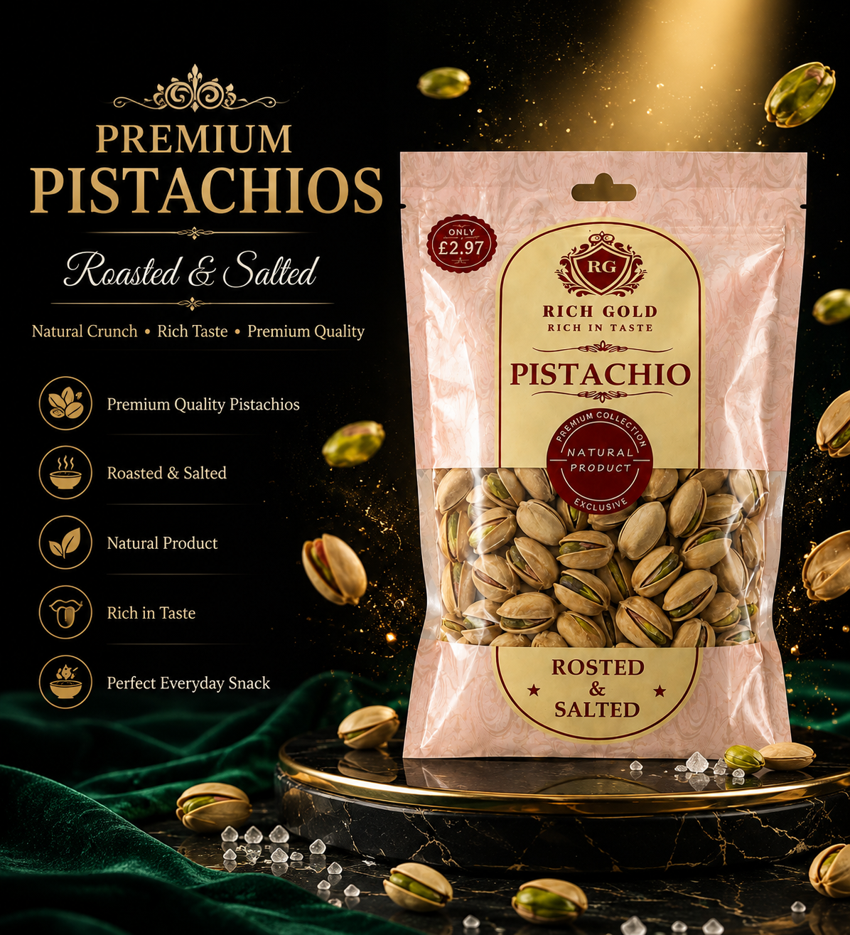 Rich Gold Premium Roasted & Salted Pistachios | Natural Crunch | Rich Taste | Premium Quality Healthy Snack 180G
