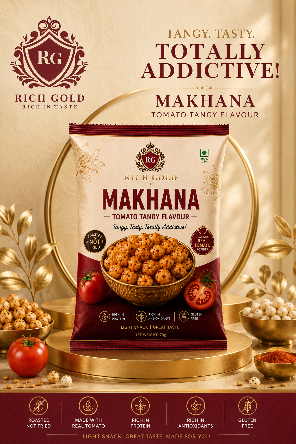 Tomato Tangy Makhana 75gms | Roasted Fox Nuts with Real Tomato Flavor | Healthy Crunchy Snack | 75G