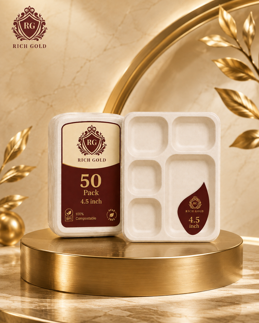 5 Compartment Bagasse Plate Tray of 25 | Eco-Friendly Bagasse Food Tray for Meals & Catering