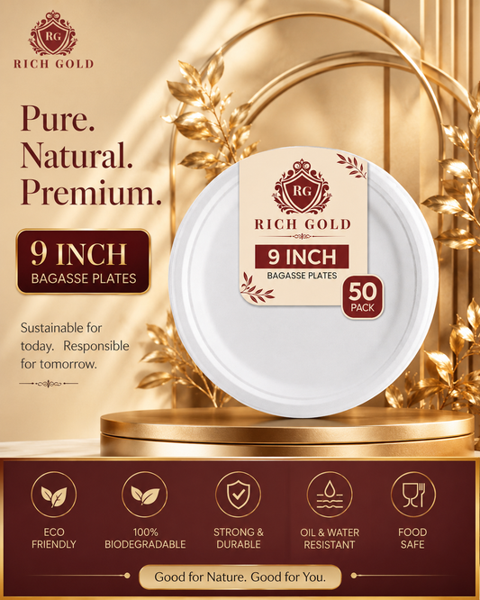 Bagasse Plates (9 Inch) Round pack of 50 – Heavy Duty Disposable Party & Dinner Plates
