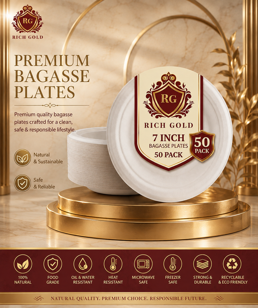 Bagasse Plates round (7 Inch) Pack of 50 | Strong, Disposable & Eco-Friendly Party Plates.