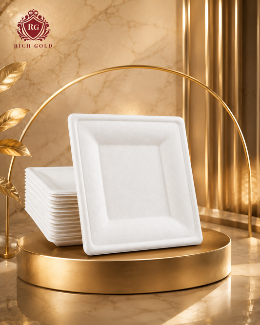 8 Inch Baggase Plates Square Pack of 50 – Heavy Duty Eco-Friendly White Serving Plate | Single-Use Food Plate