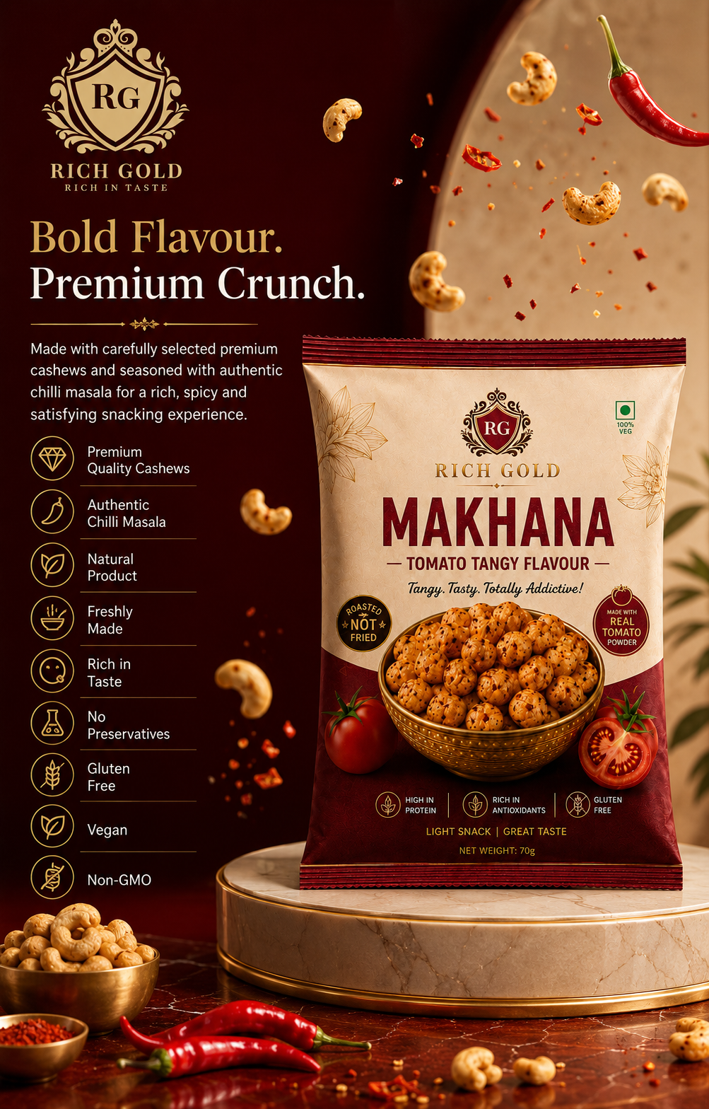Tomato Tangy Makhana 75gms | Roasted Fox Nuts with Real Tomato Flavor | Healthy Crunchy Snack | 75G