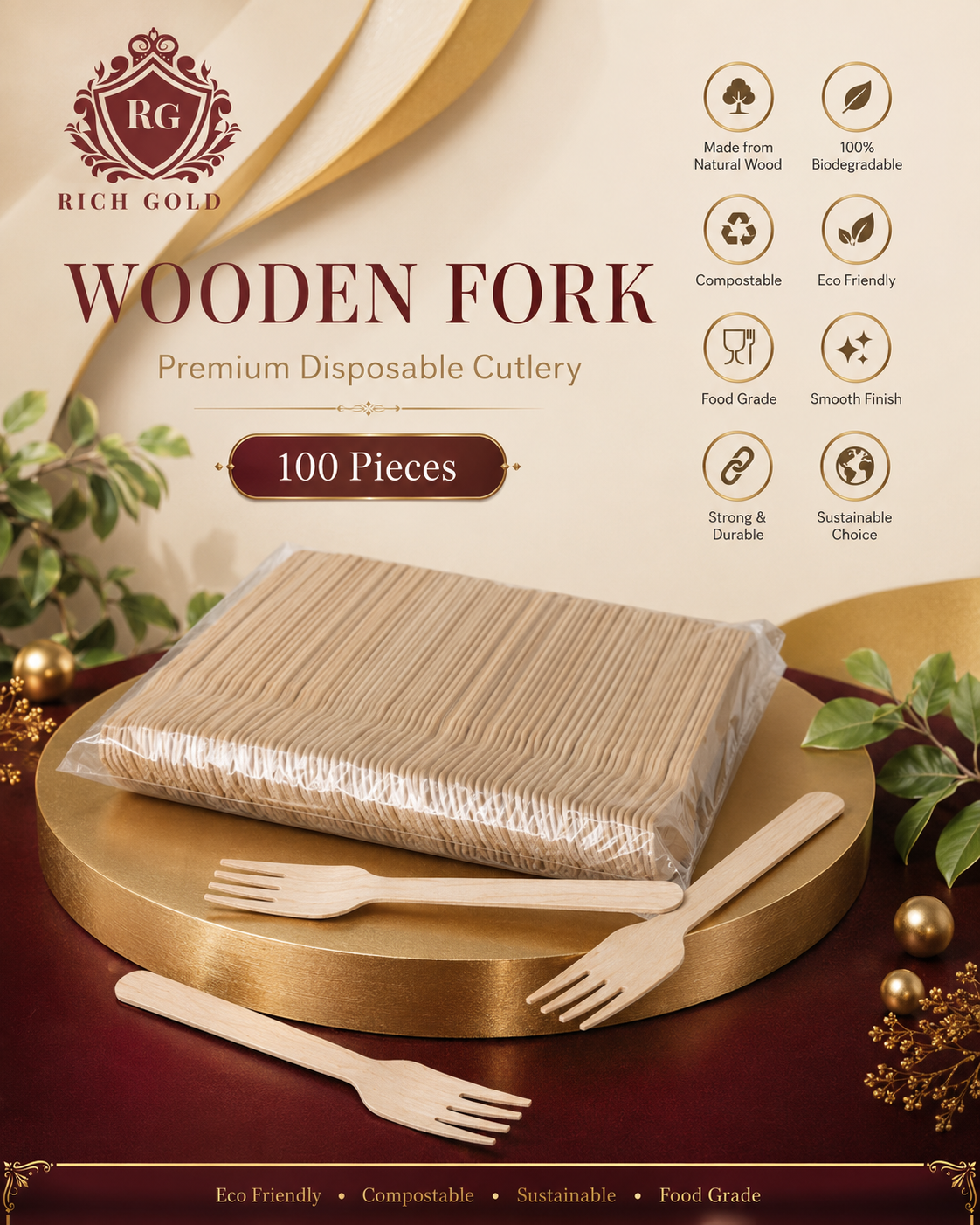 Premium Disposable Wooden Fork – Eco-Friendly Biodegradable Cutlery (Single Use)