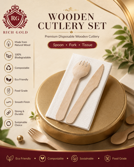 Eco-Friendly Wooden Cutlery Kit (Wooden Knife + Wooden Spork + Paper Napkin) | Individually Wrapped Biodegradable Set Pack of 50