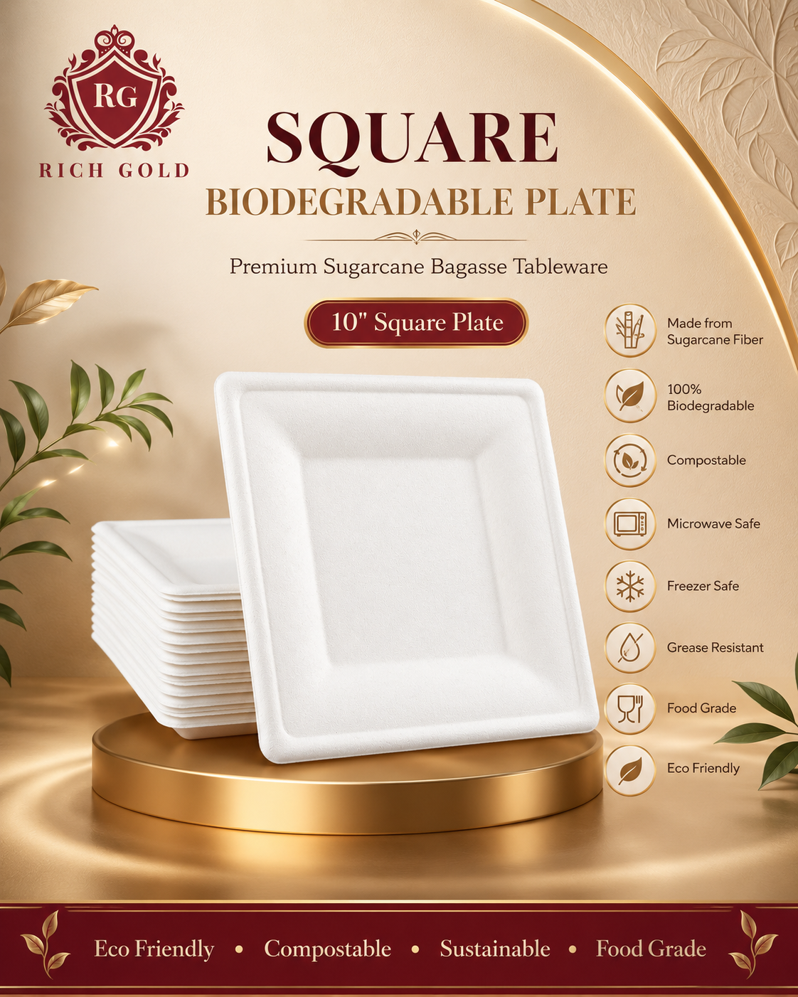 8 Inch Baggase Plates Square Pack of 50 – Heavy Duty Eco-Friendly White Serving Plate | Single-Use Food Plate