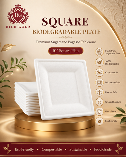 8 Inch Baggase Plates Square Pack of 50 – Heavy Duty Eco-Friendly White Serving Plate | Single-Use Food Plate