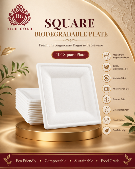 8 Inch Baggase Plates Square Pack of 50 – Heavy Duty Eco-Friendly White Serving Plate | Single-Use Food Plate