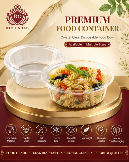 Plastic Food Storage Container 225ml with Lid – Clear Disposable Round Container for Snacks, Fruits & Salads