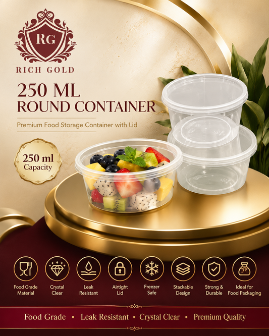 Plastic Container 250ml Round with Lid | Clear Food Storage Container with Lid | Leak-Resistant & Reusable