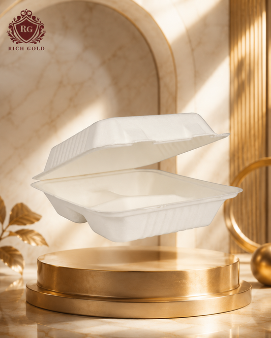 Burger Box Bagasse 3 Compartment 9 inch Pack of 50 | Disposable Biodegradable Clamshell Food Container