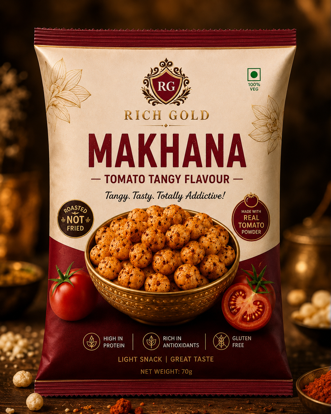 Tomato Tangy Makhana 75gms | Roasted Fox Nuts with Real Tomato Flavor | Healthy Crunchy Snack | 75G