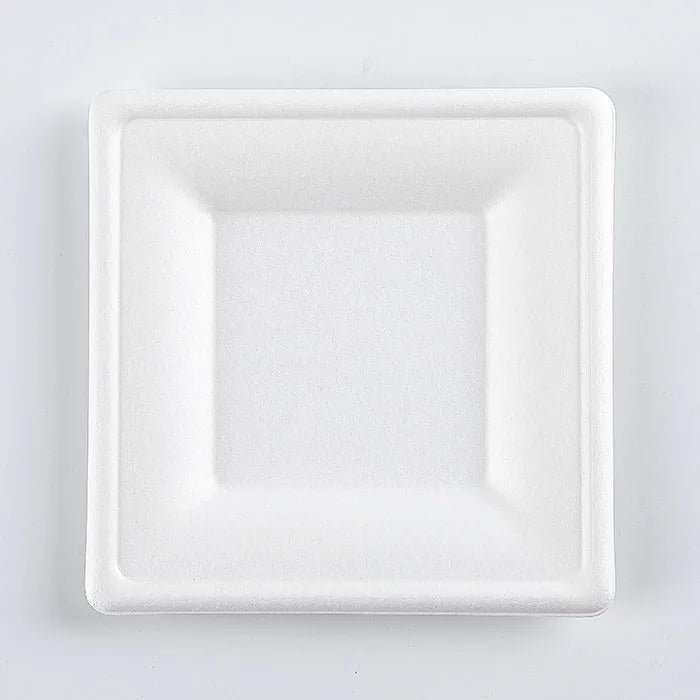 8 Inch Baggase Plates Square Pack of 50 – Heavy Duty Eco-Friendly White Serving Plate | Single-Use Food Plate