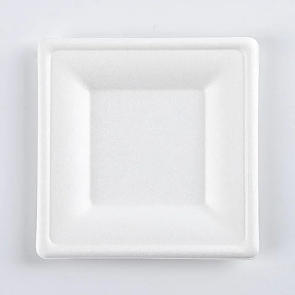 8 Inch Baggase Plates Square Pack of 50 – Heavy Duty Eco-Friendly White Serving Plate | Single-Use Food Plate