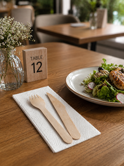 Eco-Friendly Wooden Cutlery Kit (Wooden Knife + Wooden Spork + Paper Napkin) | Individually Wrapped Biodegradable Set Pack of 50