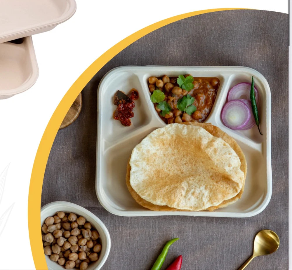 4 Compartment Disposable Food Tray Pack of 25 | Eco-Friendly Sugarcane Meal Plate for Takeaway