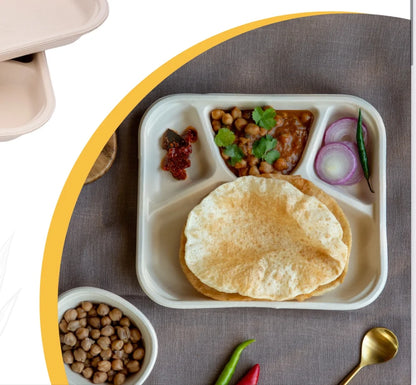 4 Compartment Disposable Food Tray Pack of 25 | Eco-Friendly Sugarcane Meal Plate for Takeaway