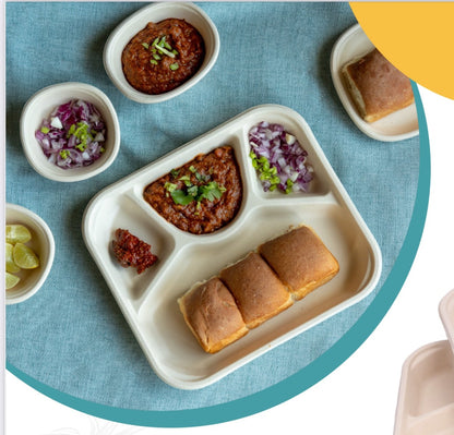 4 Compartment Disposable Food Tray Pack of 25 | Eco-Friendly Sugarcane Meal Plate for Takeaway