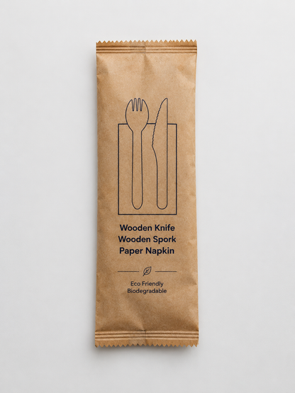 Eco-Friendly Wooden Cutlery Kit (Wooden Knife + Wooden Spork + Paper Napkin) | Individually Wrapped Biodegradable Set Pack of 50